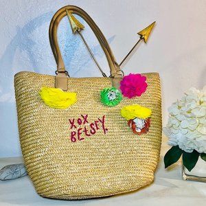 Betsey Johnson Large Purse Beach Straw Tote Handbag Shoulder Arm Bag Flowers